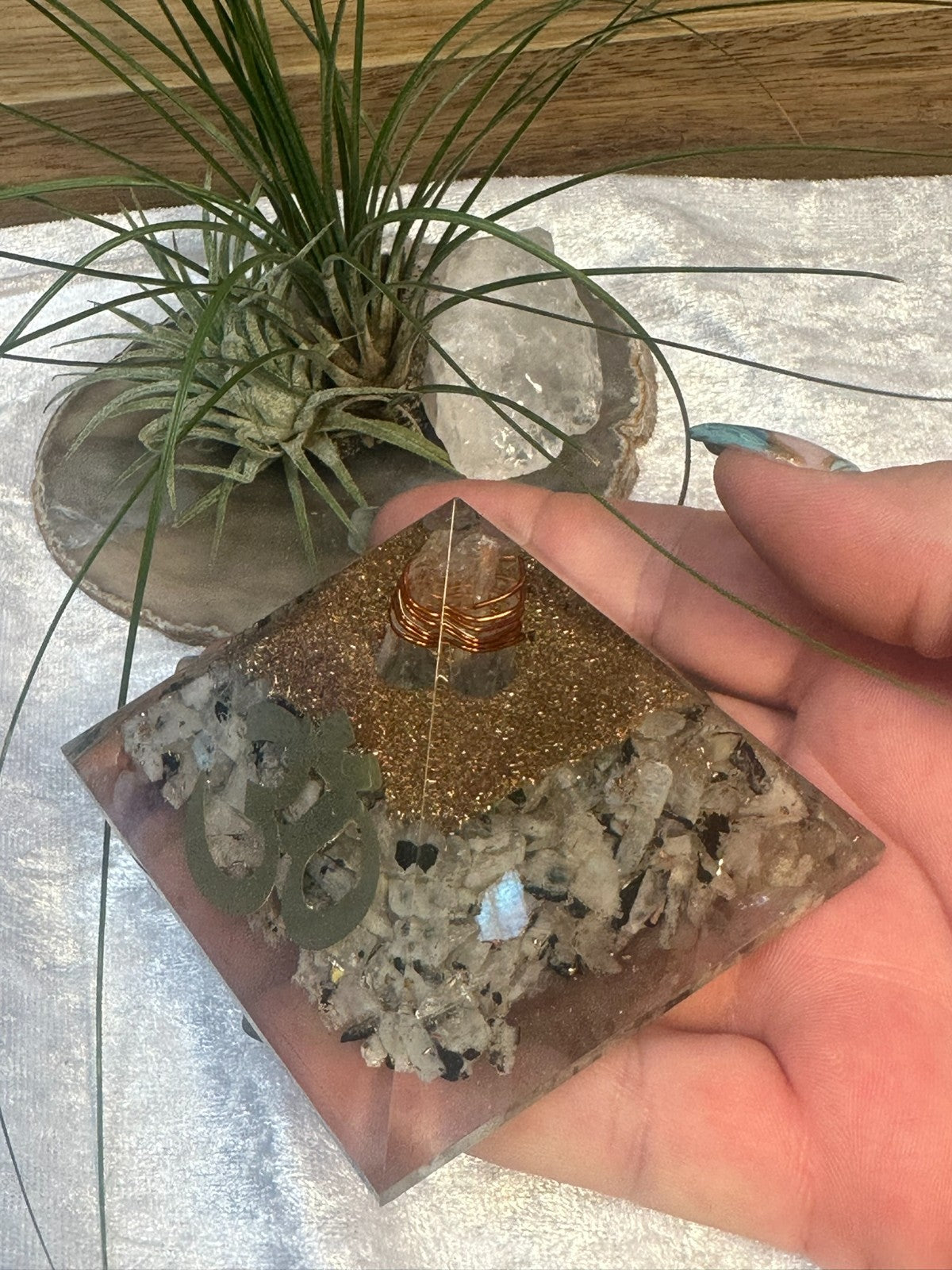 Large Orgonite Rainbow Moonstone Crystal Pyramid – Copper Coil & Om ~ Hand Made