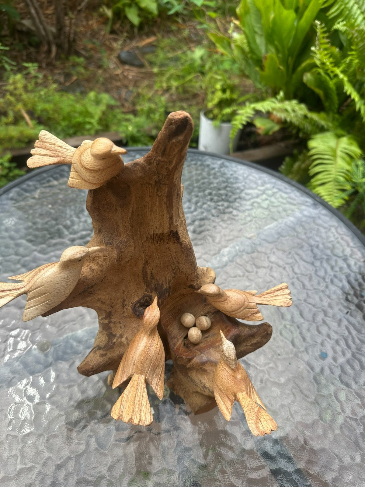 Hand Carved Wooden Bird Sculpture on Natural Wood – Rustic Nature Decor – Bird N