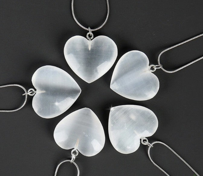 Raw Selenite ~ Crystal Pendant Heart ~ Carved Reiki Healing Gemstone (No chain)