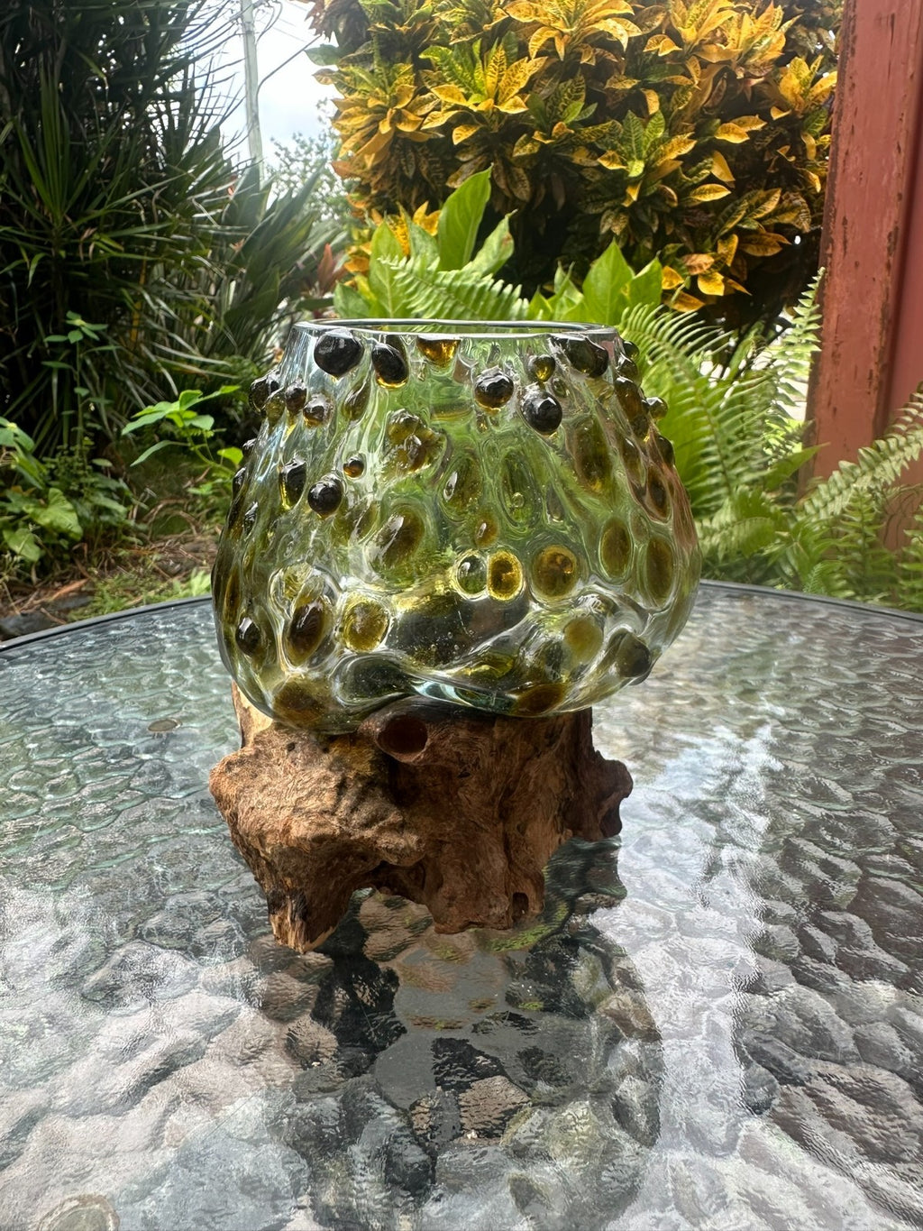 Gold Slump Glass Bowl on Natural Wood Base – Rustic Decor Planter Candle Holder