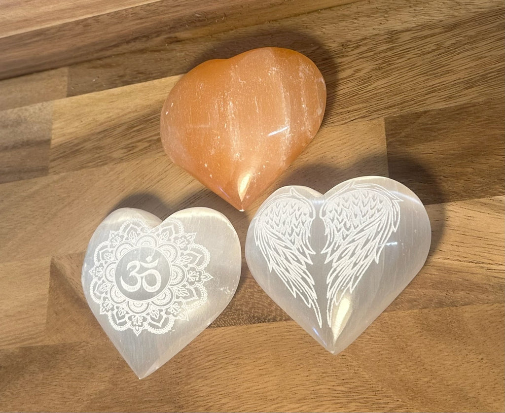 ORANGE Hand Carved Selenite Heart Crystal ~ Cleanse • Calm • Protect Your Space