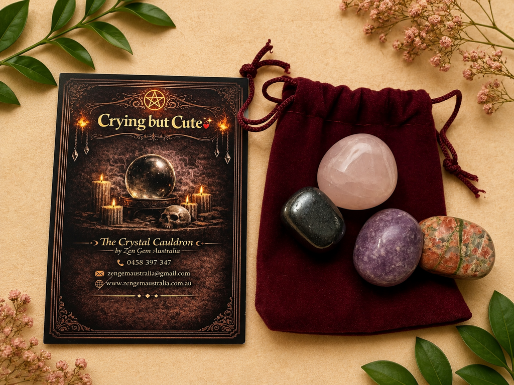 Crying But Cute Crystal Kit Unakite Rose Quartz Lepidolite Hematite Gift Set