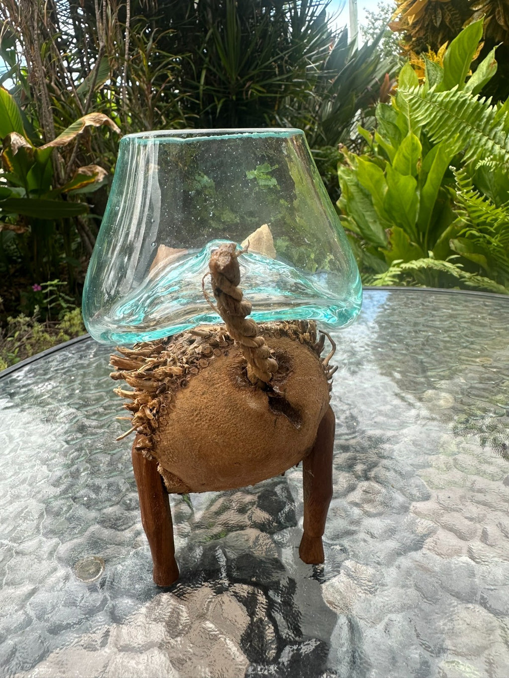 Wooden Pig Planter ~ Removable Glass Bowl – Rustic Garden Decor – Succulent