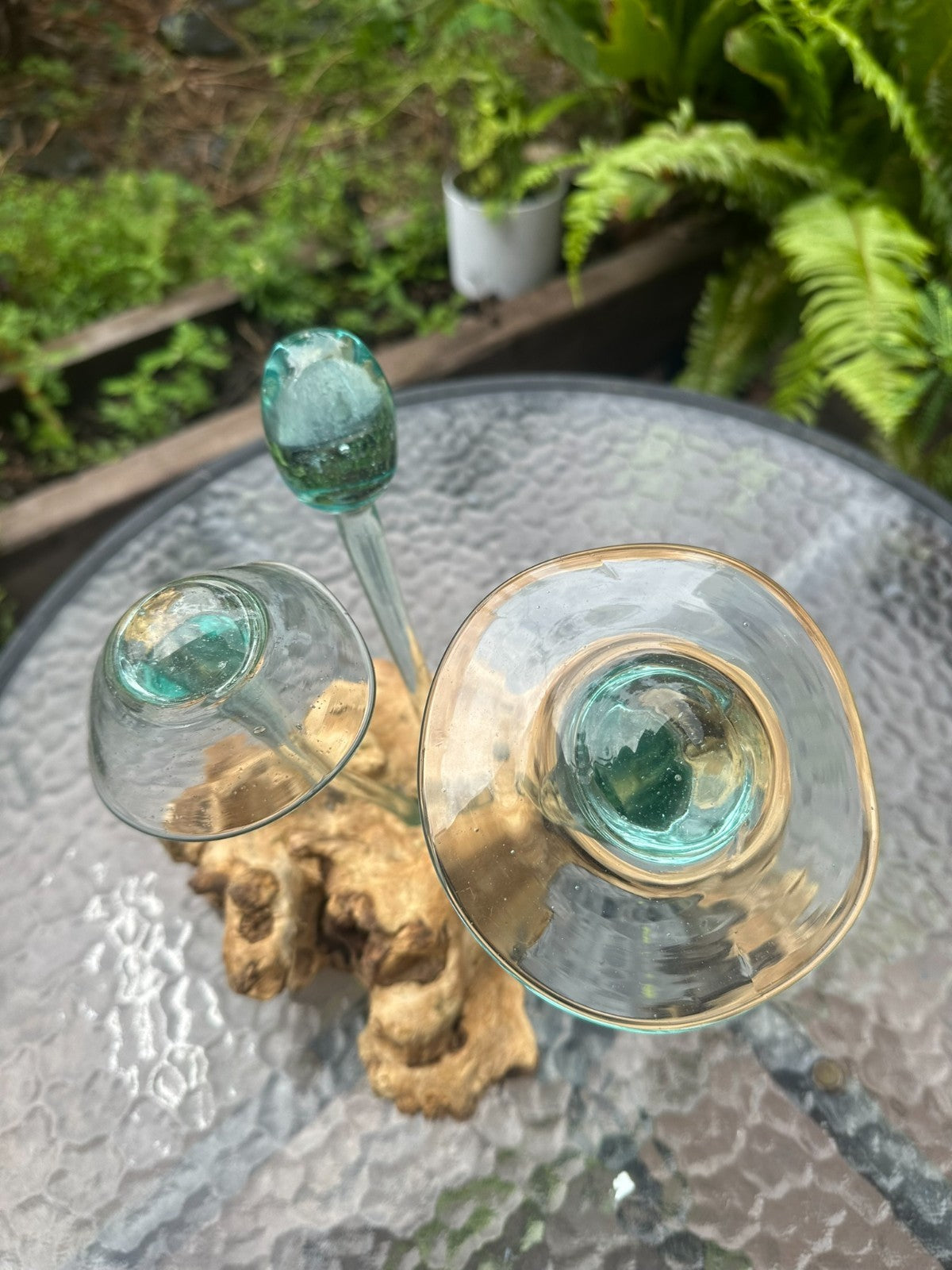 Glass Mushroom Sculpture on Natural Wood – Garden Decor / Rustic Outdoor Art