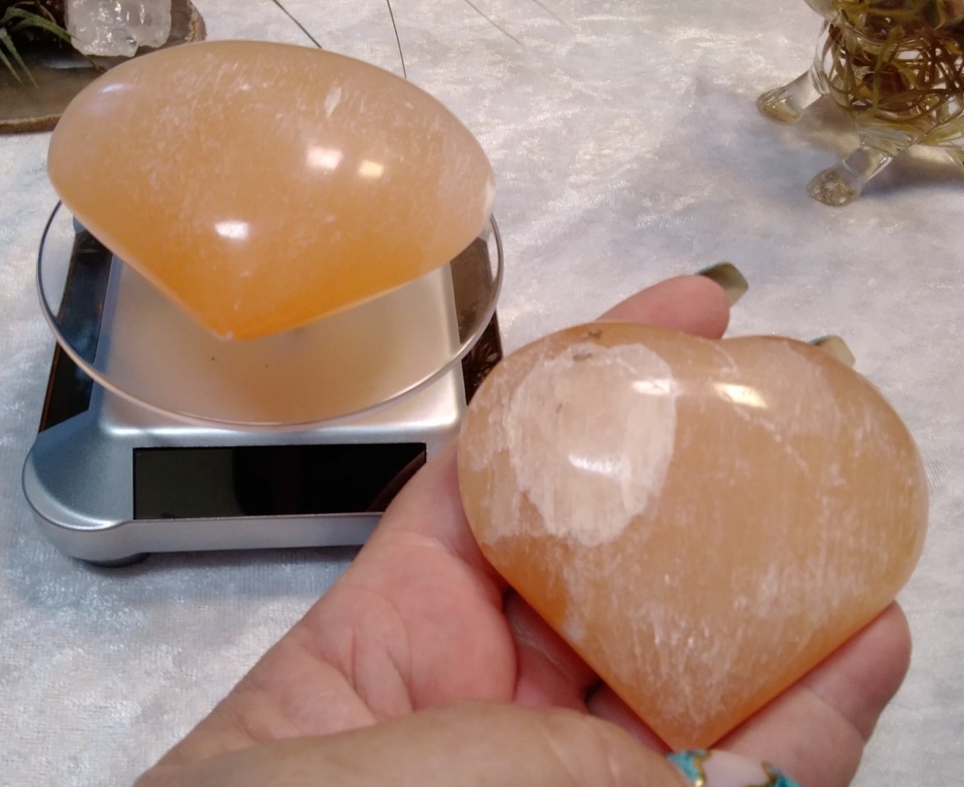 ORANGE Hand Carved Selenite Heart Crystal ~ Cleanse • Calm • Protect Your Space