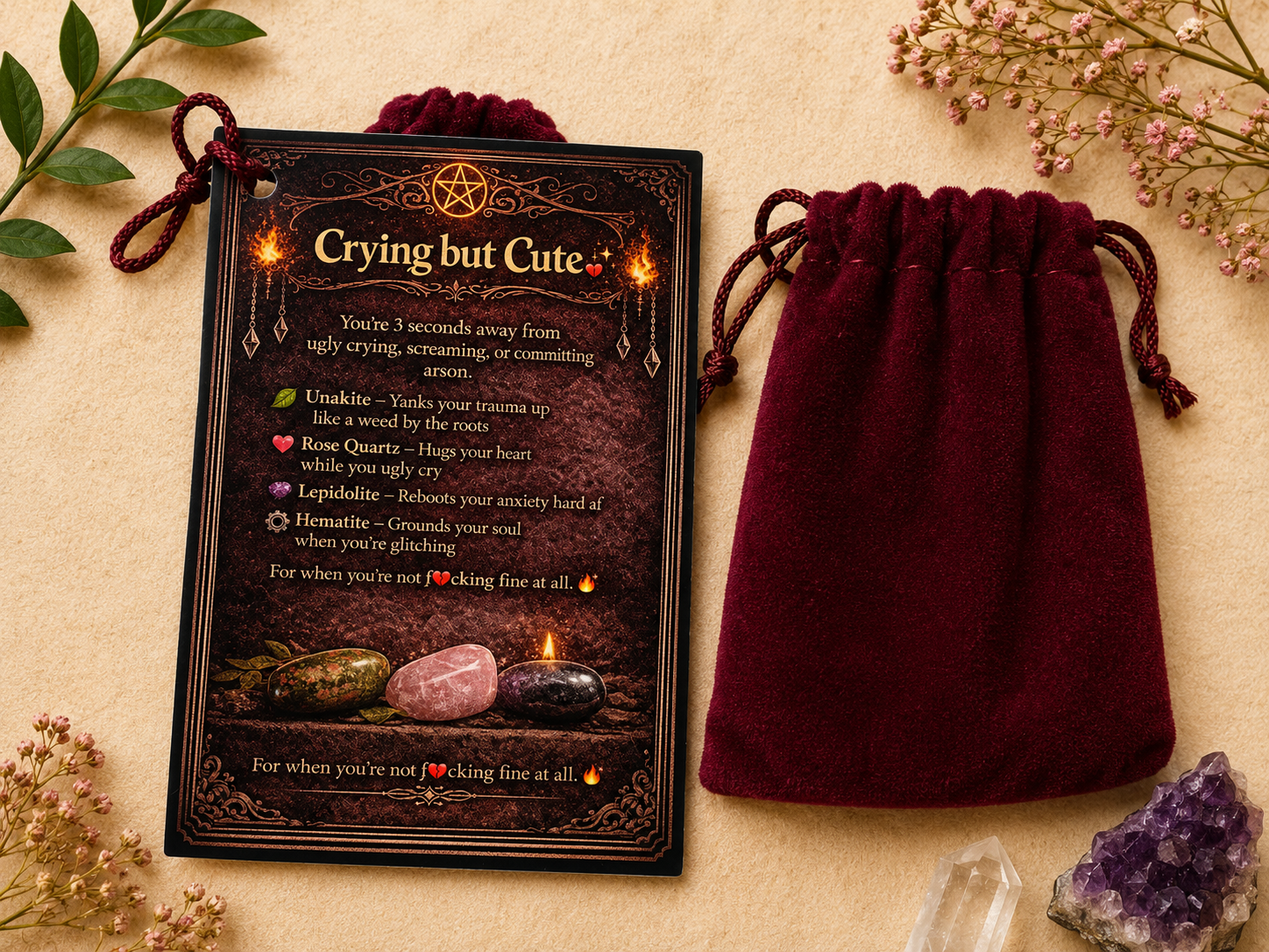 Crying But Cute Crystal Kit Unakite Rose Quartz Lepidolite Hematite Gift Set
