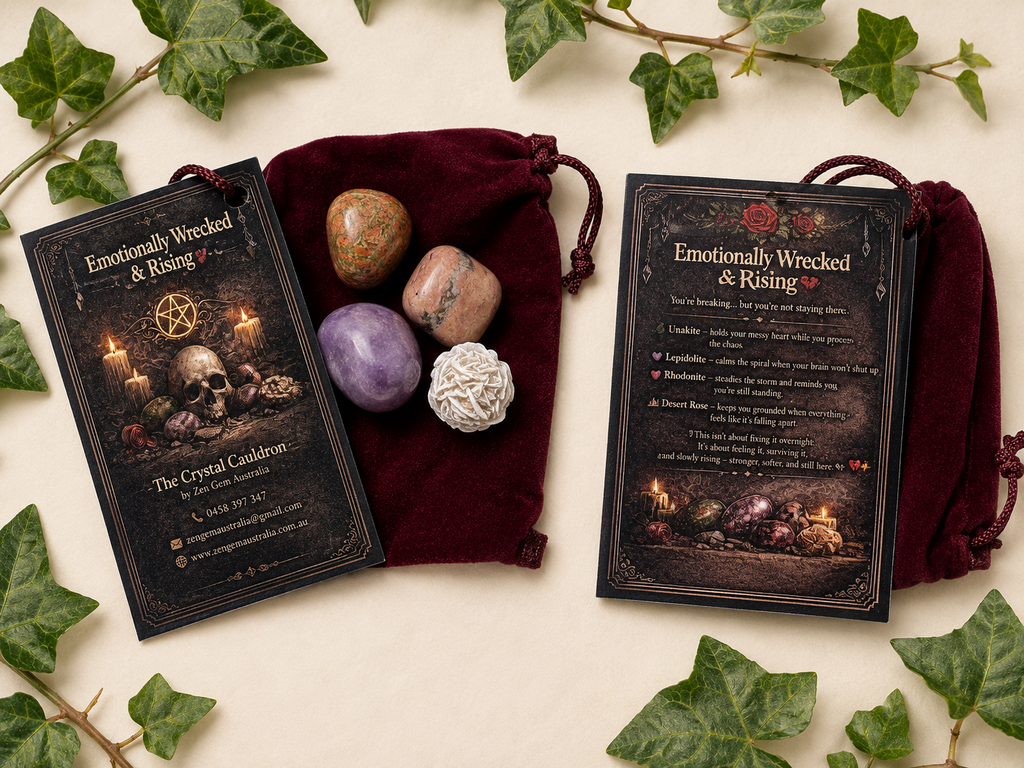 Emotionally Wrecked & Rising Crystal Kit ~ Unakite Lepidolite Rhodonite Gift Set