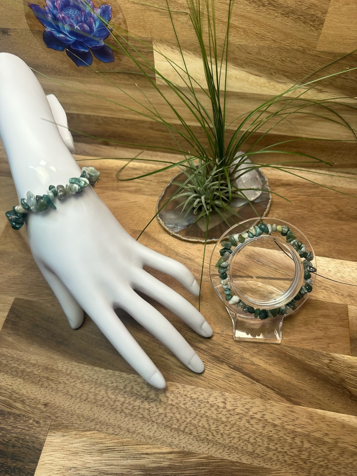 Moss Agate Crystal Chip Bracelet – Elastic ~ Growth • Balance • Nature Energy