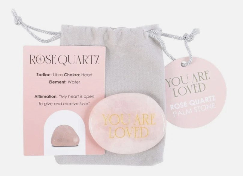 You Are Loved ~ Rose Quartz Crystal ~ Palm Stone Gift Set ~ Heart Chakra