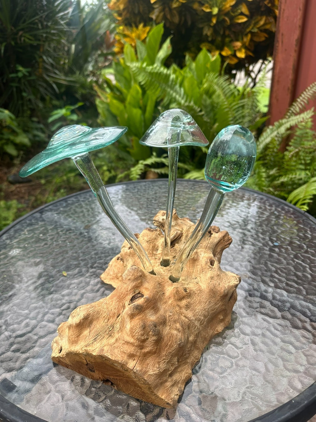 Glass Mushroom Sculpture on Natural Wood – Garden Decor / Rustic Outdoor Art