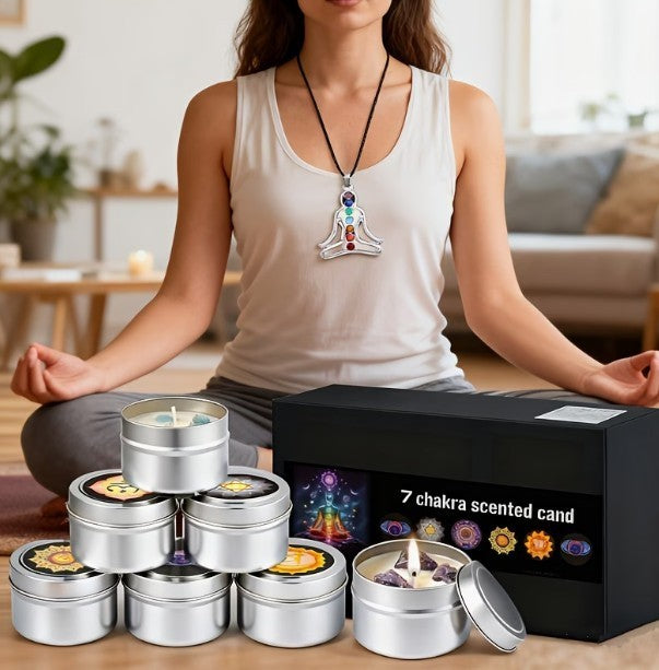 Set of 7 Scented Candles with Natural Crystal Stones And Pendants ~ Soy Wax
