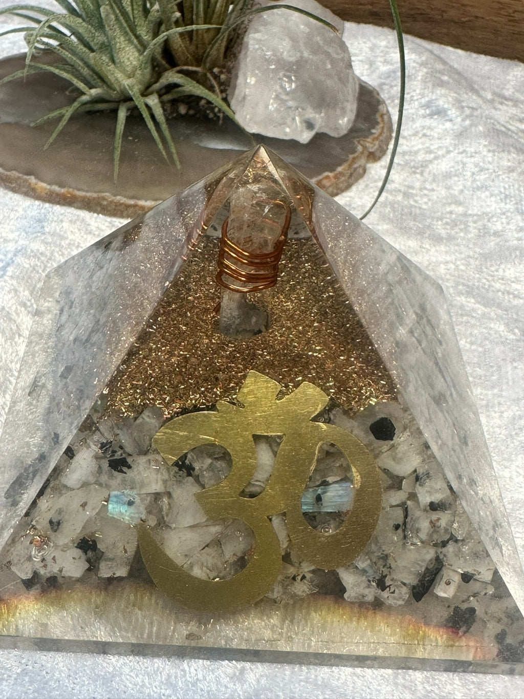Large Orgonite Rainbow Moonstone Crystal Pyramid – Copper Coil & Om ~ Hand Made