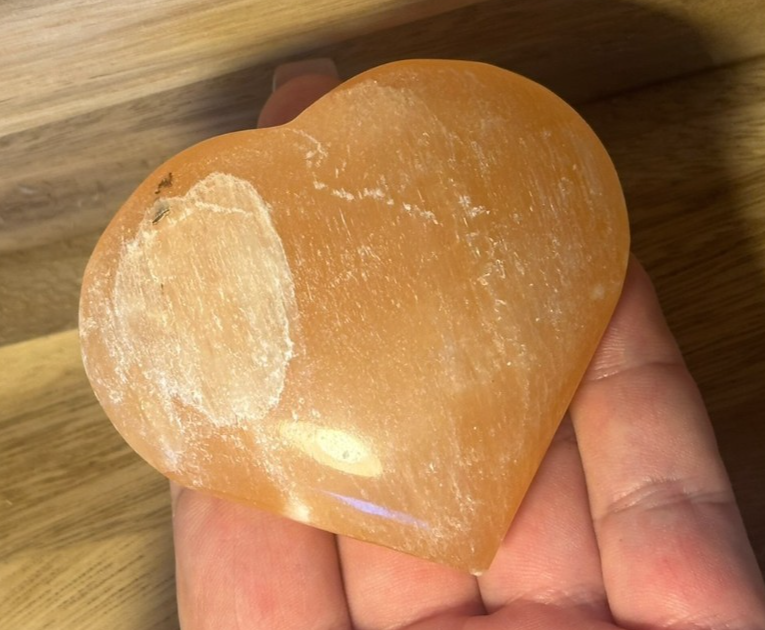 ORANGE Hand Carved Selenite Heart Crystal ~ Cleanse • Calm • Protect Your Space