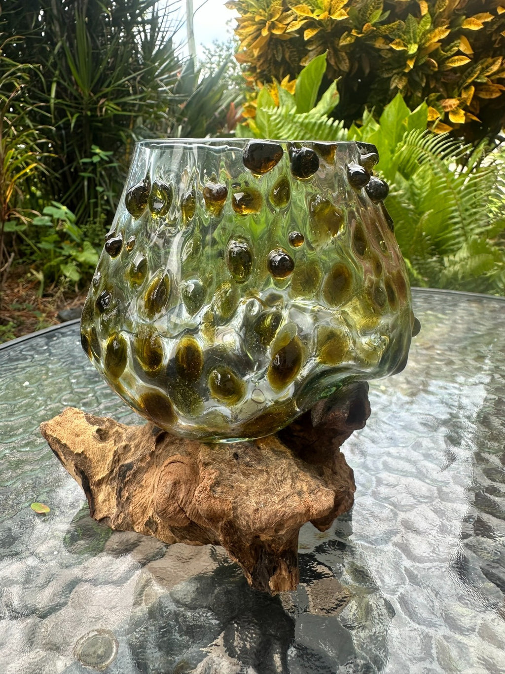 Gold Slump Glass Bowl on Natural Wood Base – Rustic Decor Planter Candle Holder