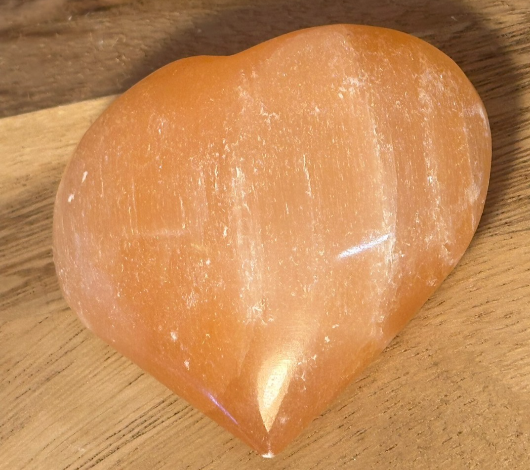ORANGE Hand Carved Selenite Heart Crystal ~ Cleanse • Calm • Protect Your Space