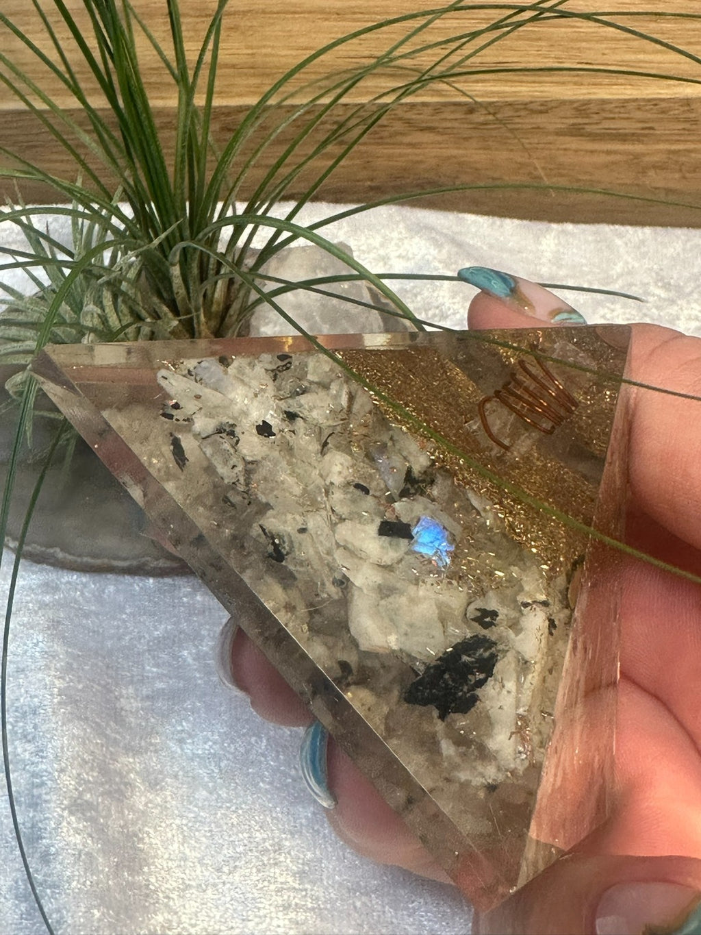 Large Orgonite Rainbow Moonstone Crystal Pyramid – Copper Coil & Om ~ Hand Made