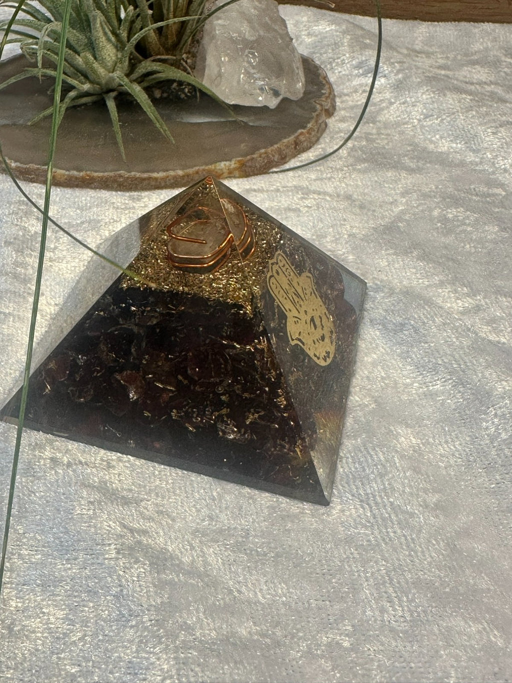 Orgonite Crystal Pyramid ~ Medium ~ Copper Coil & Hamsa Hand Symbol ~ Hand Made