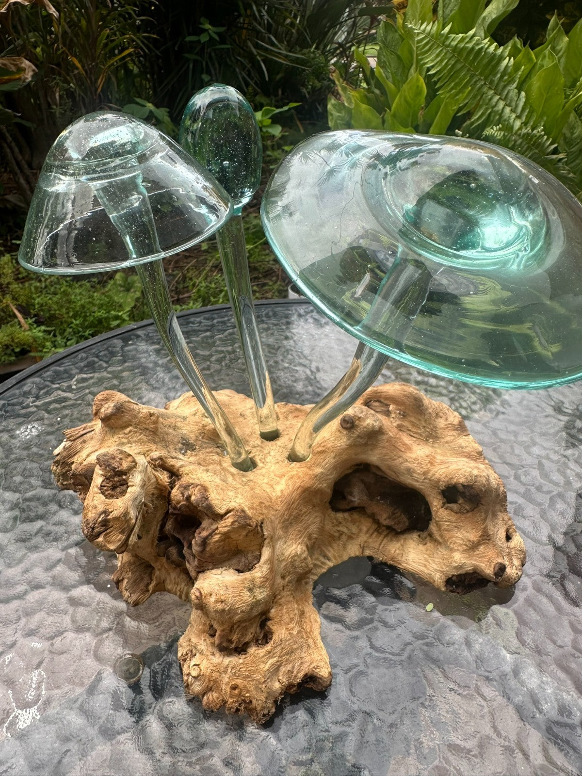 Glass Mushroom Sculpture on Natural Wood – Garden Decor / Rustic Outdoor Art