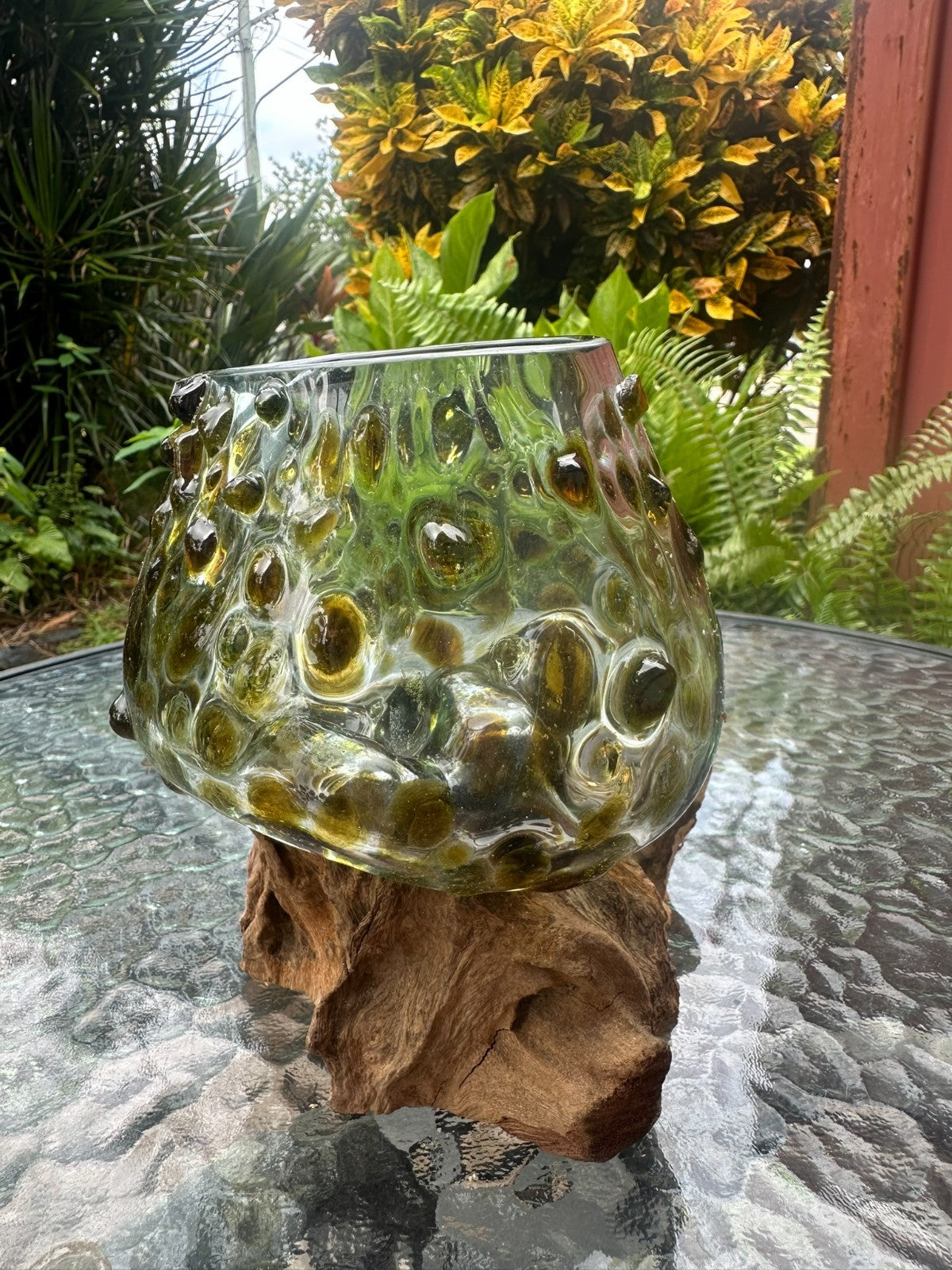 Gold Slump Glass Bowl on Natural Wood Base – Rustic Decor Planter Candle Holder