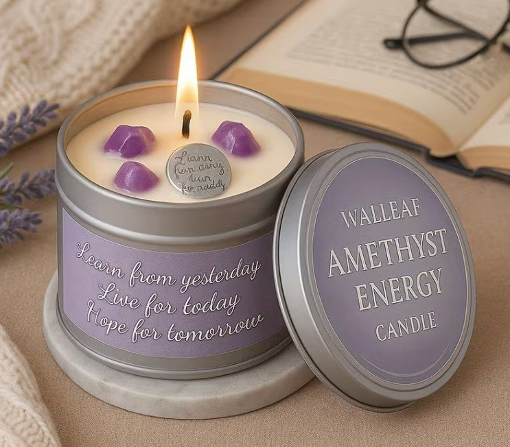 Walleaf Amethyst Energy Candle ~ Features Uplifting Message & Amethyst Crystals