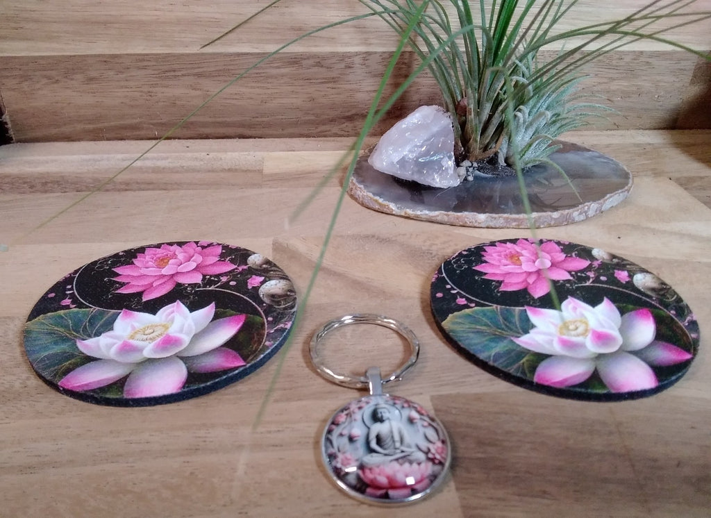 Boho & Lotus designs Neoprene Coasters Matching Keyring ~ Absorbent Cup Holder