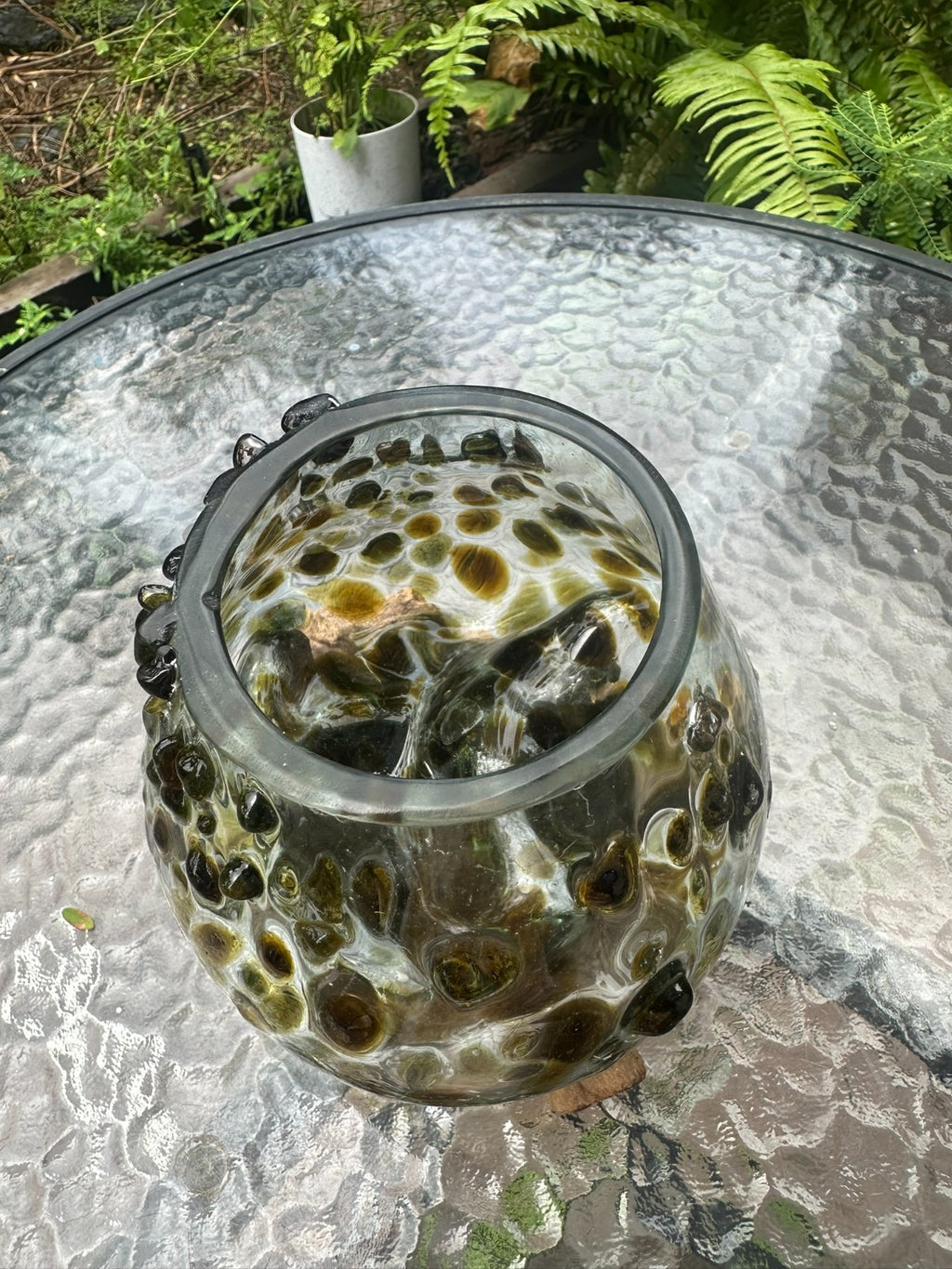 Gold Slump Glass Bowl on Natural Wood Base – Rustic Decor Planter Candle Holder