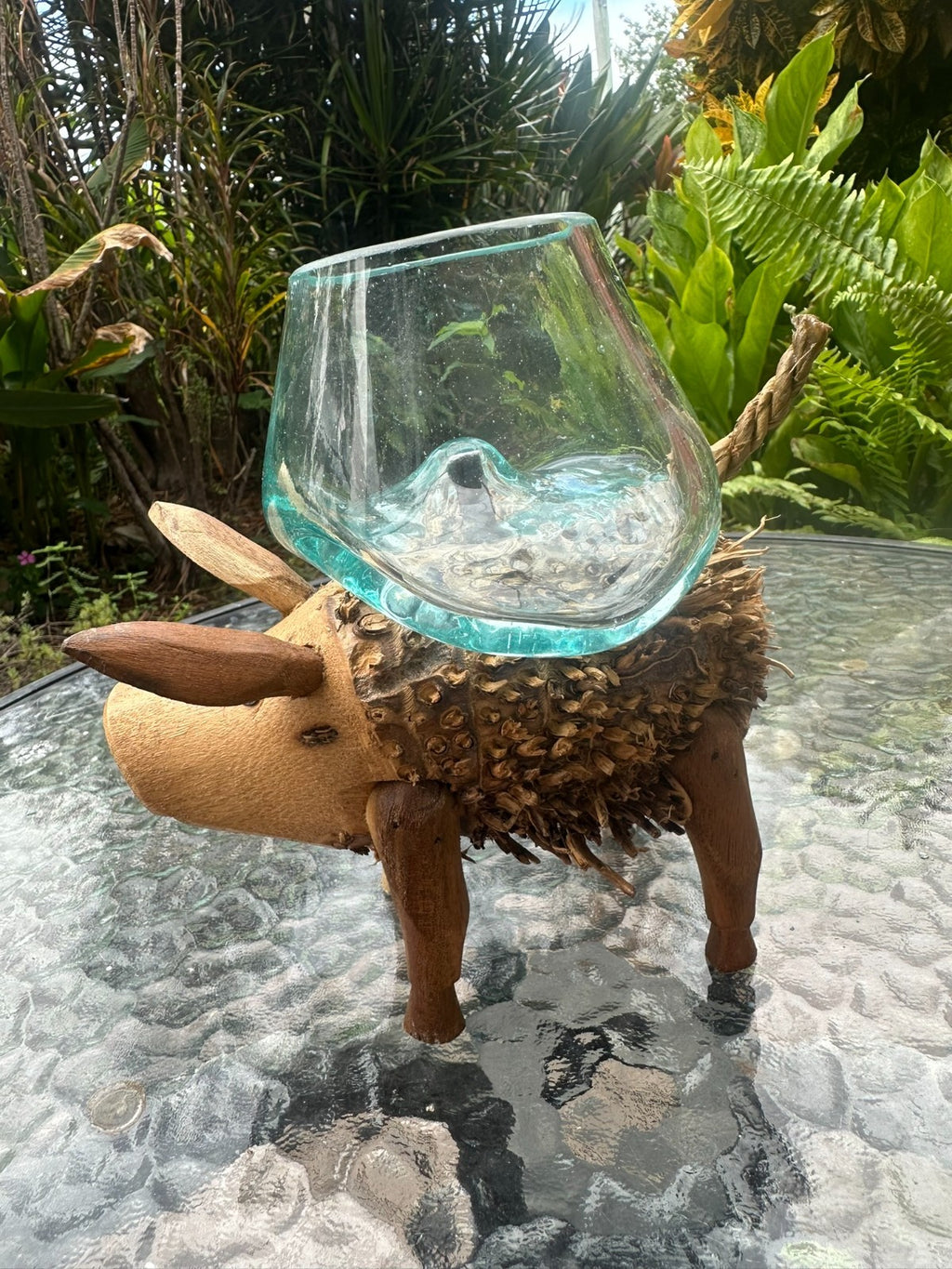 Wooden Pig Planter ~ Removable Glass Bowl – Rustic Garden Decor – Succulent