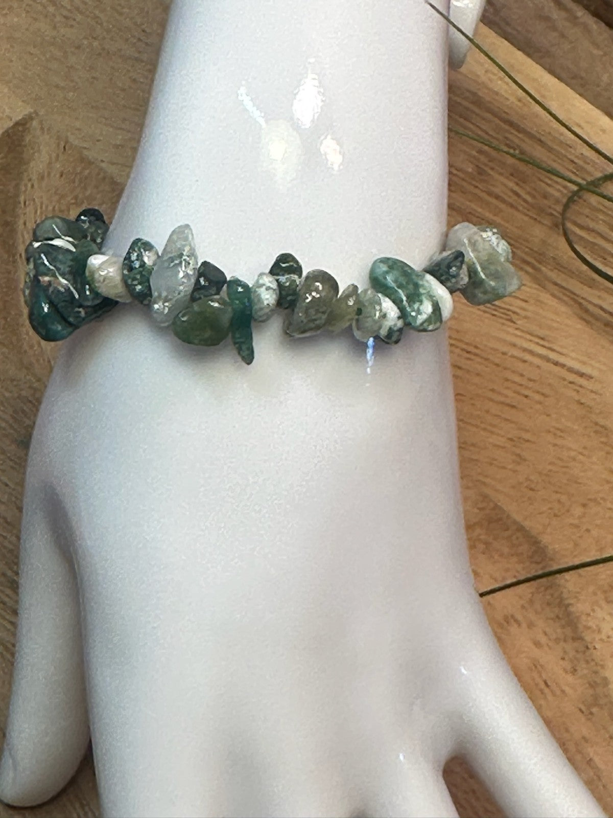 Moss Agate Crystal Chip Bracelet – Elastic ~ Growth • Balance • Nature Energy