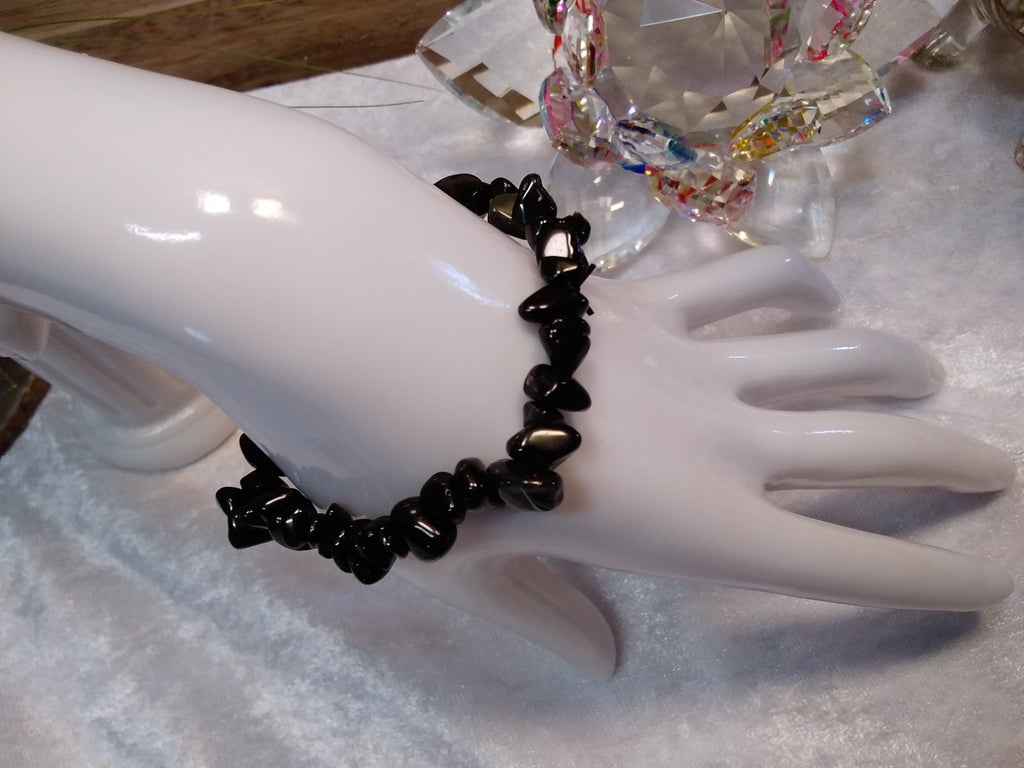 Black Obsidian Crystal Chip Bracelet – Elastic Stretch Protection • Grounding